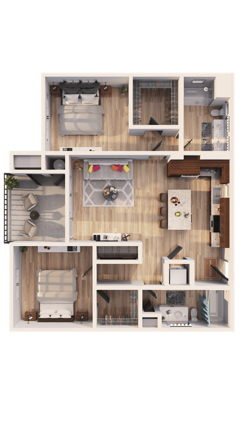 Floor plan for 2 beds, 2 baths, 957 sqft